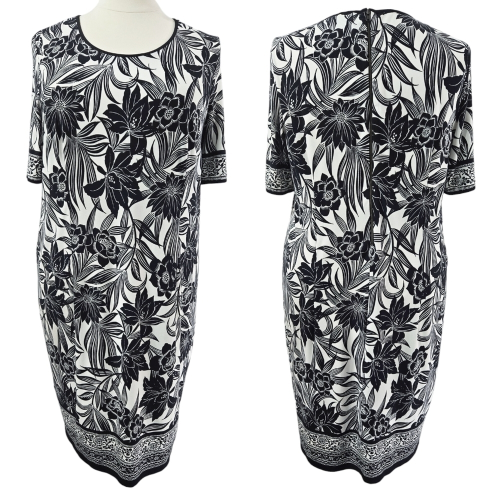 Chico's Black White Floral Bordered Scoop Neck Knee Length Short Sleeve Dress